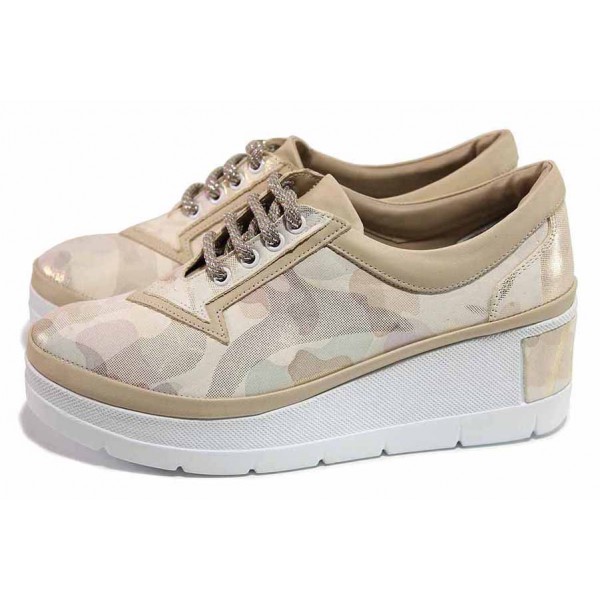 Бежови дамски обувки с платформа, естествена кожа - всекидневни обувки за пролетта и лятото N 100018098