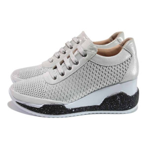 Сребристи дамски обувки с платформа, естествена кожа перфорирана - всекидневни обувки за пролетта и лятото N 100018101