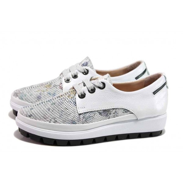 Бели дамски обувки с равна подметка, естествена кожа - всекидневни обувки за пролетта и лятото N 100018106