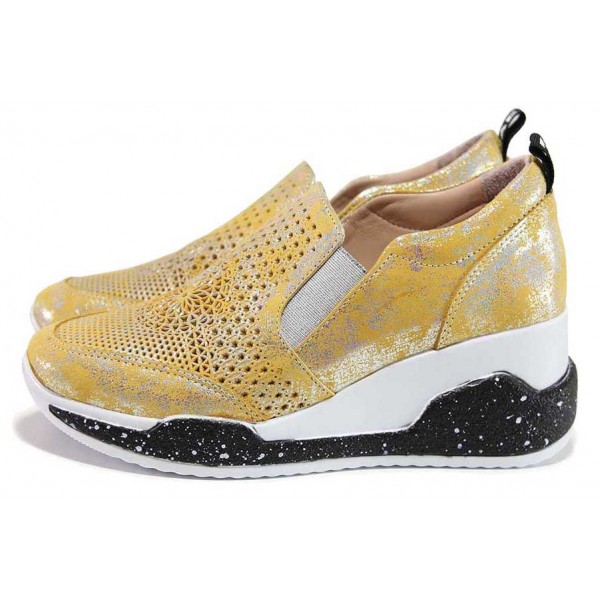 Жълти спортни дамски обувки, естествена кожа перфорирана - всекидневни обувки за пролетта и лятото N 100018282