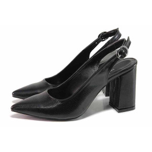 Черни дамски обувки с висок ток, лачена еко кожа - елегантни обувки за пролетта и лятото N 100018482