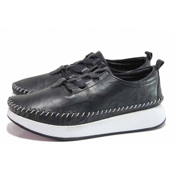 Черни дамски обувки с равна подметка, естествена кожа - всекидневни обувки за пролетта и лятото N 100018554