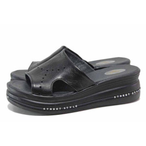 Черни дамски чехли, естествена кожа - ежедневни обувки за пролетта и лятото N 100018580