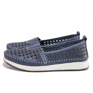 Тъмносини дамски обувки с равна подметка, естествена кожа перфорирана - всекидневни обувки за пролетта и лятото N 100018586