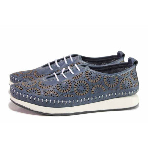 Тъмносини дамски обувки с равна подметка, естествена кожа - всекидневни обувки за пролетта и лятото N 100018591