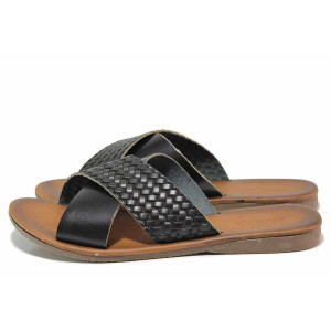 Черни дамски чехли, естествена кожа - ежедневни обувки за пролетта и лятото N 100018599