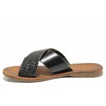 Черни дамски чехли, естествена кожа - ежедневни обувки за пролетта и лятото N 100018599
