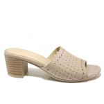 Бежови дамски чехли, естествена кожа - всекидневни обувки за пролетта и лятото N 100018678