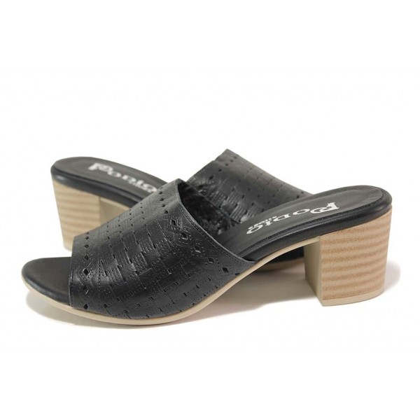 Черни дамски чехли, естествена кожа - ежедневни обувки за пролетта и лятото N 100018679