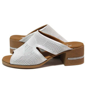 Сребристи дамски чехли, естествена кожа - ежедневни обувки за целогодишно ползване N 100018695