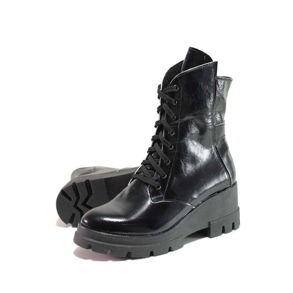 Черни анатомични дамски боти, лачена естествена кожа - ежедневни обувки за есента и зимата N 100018765