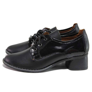 Черни дамски обувки със среден ток, естествена кожа и лачена естествена кожа  - всекидневни обувки за есента и зимата N 100018804