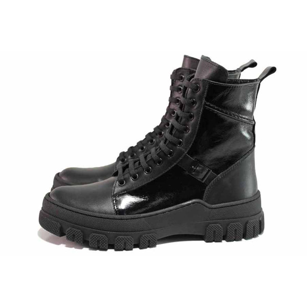 Черни дамски боти, естествена кожа и лачена естествена кожа  - спортни обувки за есента и зимата N 100019046