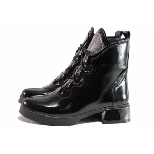 Черни дамски боти, лачена естествена кожа - ежедневни обувки за есента и зимата N 100019109