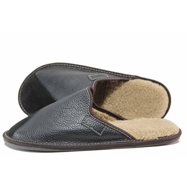 Черни домашни чехли, естествена кожа - ежедневни обувки за есента и зимата N 100019164