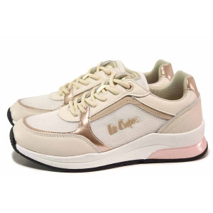 Бежови дамски маратонки, естествена кожа и текстилна материя - спортни обувки за пролетта и лятото N 100018421