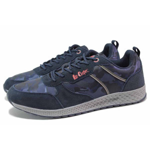 Тъмносини мъжки маратонки, естествен велур - спортни обувки за есента и зимата N 100018901