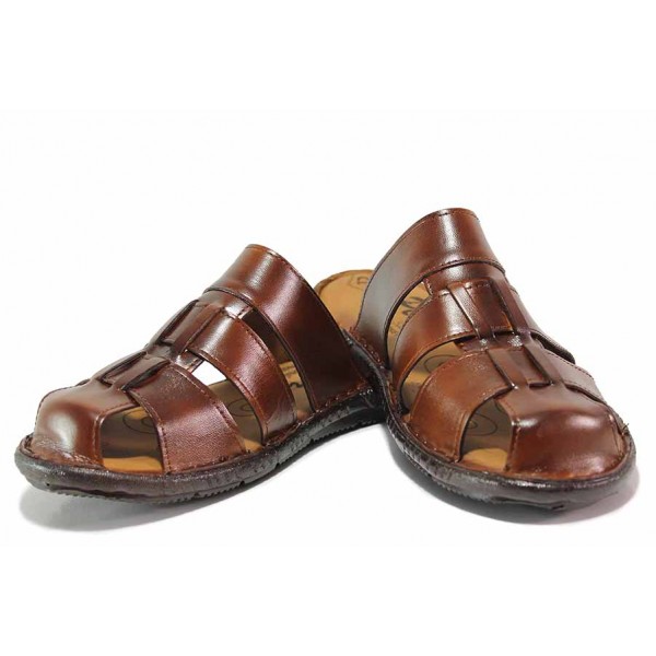 Кафяви мъжки чехли, естествена кожа - ежедневни обувки за пролетта и лятото N 100018613