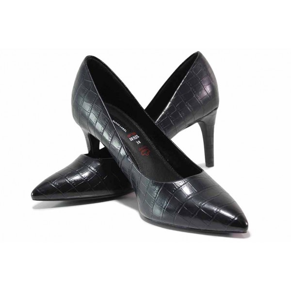 Черни дамски обувки с висок ток, еко-кожа с крокодилска шарка - елегантни обувки за целогодишно ползване N 100017746