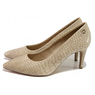 Бежови дамски обувки с висок ток, еко-кожа с крокодилска шарка - елегантни обувки за целогодишно ползване N 100017999