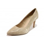 Бежови дамски обувки с висок ток, еко-кожа с крокодилска шарка - елегантни обувки за целогодишно ползване N 100017999