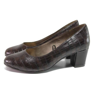 Кафяви анатомични дамски обувки със среден ток, еко-кожа с крокодилска шарка - всекидневни обувки за пролетта и лятото N 100018372