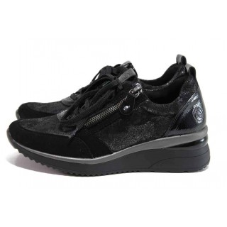 Черни дамски маратонки, естествен велур с лачена кожа - ежедневни обувки за целогодишно ползване N 100018721