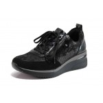 Черни дамски маратонки, естествен велур с лачена кожа - ежедневни обувки за целогодишно ползване N 100018721