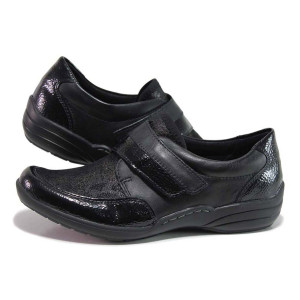 Черни анатомични дамски обувки с равна подметка, естествена кожа и текстилна материя - всекидневни обувки за есента и зимата N 100018825