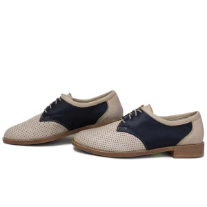 Бежови анатомични дамски обувки с равна подметка, естествена кожа перфорирана - всекидневни обувки за пролетта и лятото N 100020153