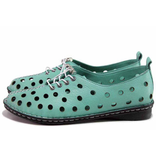 Зелени дамски обувки с равна подметка, естествена кожа перфорирана - всекидневни обувки за лятото N 100019207