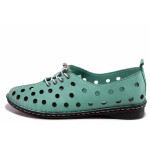 Зелени дамски обувки с равна подметка, естествена кожа перфорирана - всекидневни обувки за лятото N 100019207