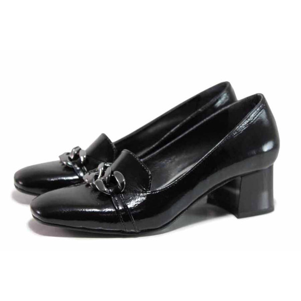Черни дамски обувки със среден ток, лачена естествена кожа - всекидневни обувки за пролетта и лятото N 100019229