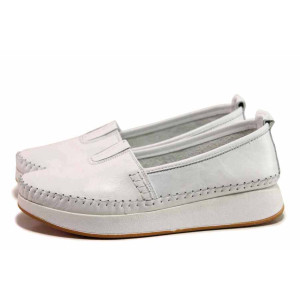 Бели дамски обувки с равна подметка, естествена кожа - всекидневни обувки за пролетта и лятото N 100019234