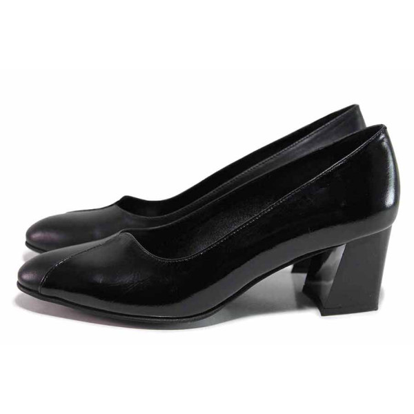 Черни дамски обувки със среден ток, естествена кожа и лачена естествена кожа  - официални обувки за целогодишно ползване N 100019257
