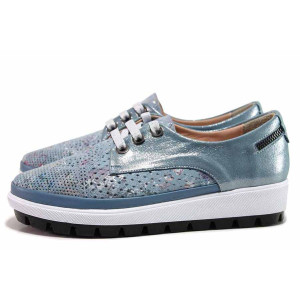 Сини дамски обувки с равна подметка, естествена кожа перфорирана - всекидневни обувки за пролетта и лятото N 100019263