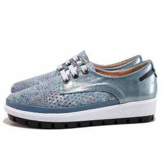 Сини дамски обувки с равна подметка, естествена кожа перфорирана - всекидневни обувки за пролетта и лятото N 100019263