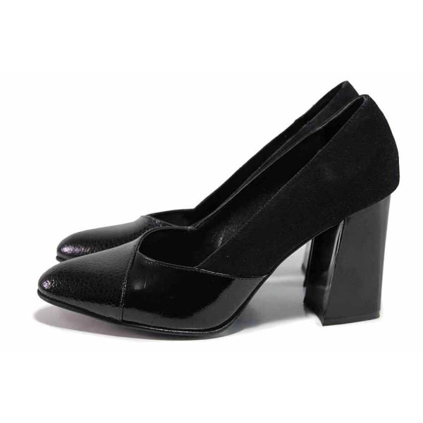 Черни дамски обувки с висок ток, естествен велур с лачена кожа - официални обувки за пролетта и лятото N 100019269