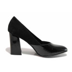 Черни дамски обувки с висок ток, естествен велур с лачена кожа - официални обувки за пролетта и лятото N 100019269