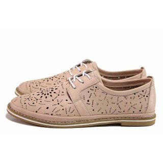 Розови дамски обувки с равна подметка, естествена кожа перфорирана - ежедневни обувки за пролетта и лятото N 100019727