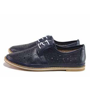 Сини анатомични дамски обувки с равна подметка, естествена кожа перфорирана - всекидневни обувки за пролетта и лятото N 100019728