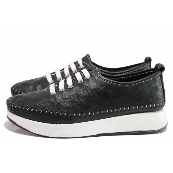 Черни дамски обувки с равна подметка, естествена кожа - всекидневни обувки за пролетта и лятото N 100019772