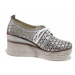 Сребристи дамски обувки с платформа, естествена кожа перфорирана - ежедневни обувки за пролетта и лятото N 100019806