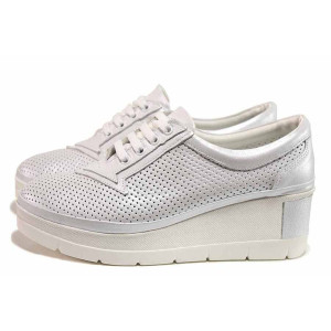 Бели дамски обувки с платформа, естествена кожа перфорирана - всекидневни обувки за пролетта и лятото N 100019807
