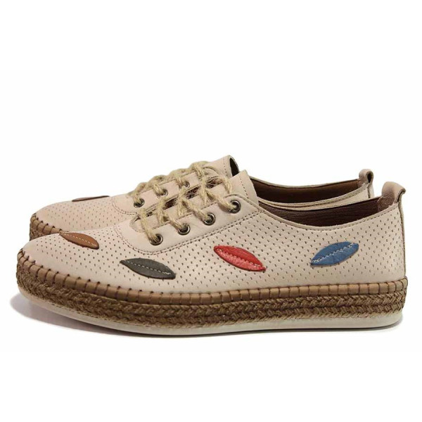 Бежови дамски обувки с равна подметка, естествена кожа - ежедневни обувки за пролетта и есента N 100019818