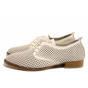 Бежови анатомични дамски обувки с равна подметка, естествена кожа перфорирана - всекидневни обувки за пролетта и лятото N 100019919