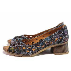 Черни дамски обувки със среден ток, естествена кожа перфорирана - ежедневни обувки за пролетта и лятото N 100019928