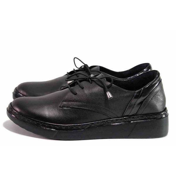 Черна анатомични дамски обувки с равна подметка, естествена кожа - всекидневни обувки за пролетта и есента N 100020411