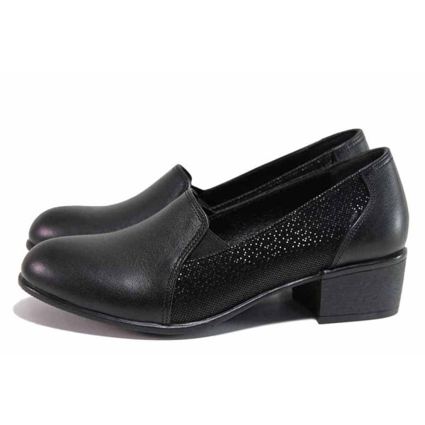 Черна анатомични дамски обувки със среден ток, естествена кожа - ежедневни обувки за пролетта и есента N 100020410