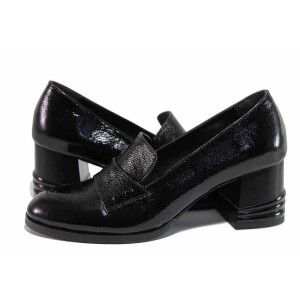 Черни дамски обувки със среден ток, лачена естествена кожа - всекидневни обувки за пролетта и есента N 100020418